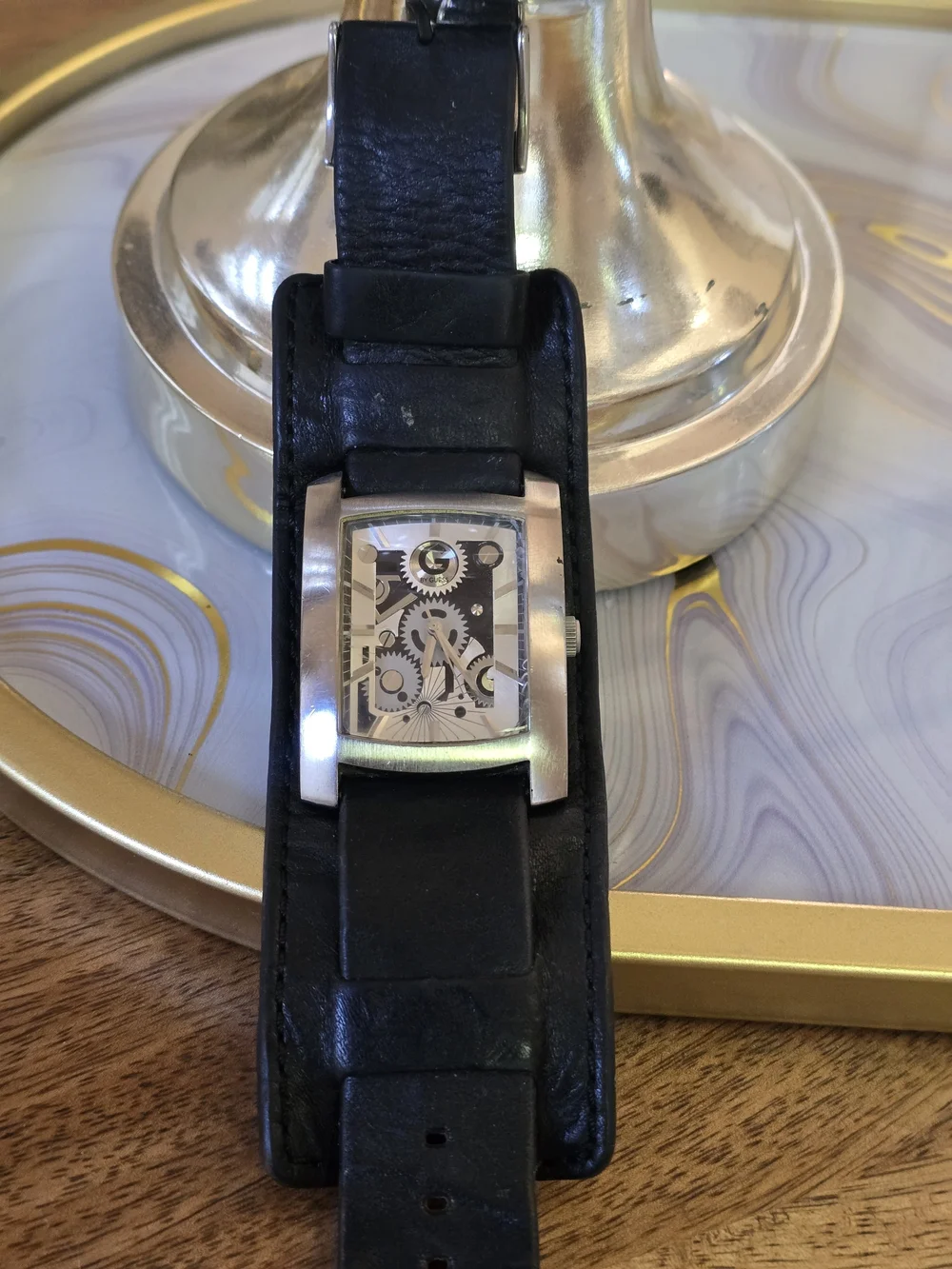 Men's Black Leather Cuff Watch with Silver Case Guess